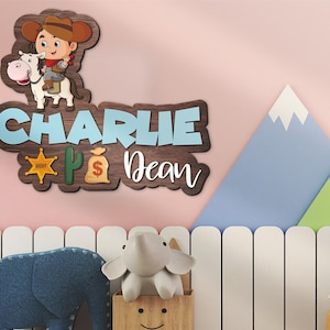 Letrero personalizado con nombre de guardería de madera 3D de vaquero, decoración de pared de cuna occidental de madera personalizada, regalo de cumpleaños para niño y niña
