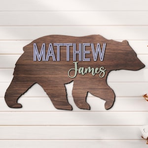 Custom Cute Bear Wood Nursery Name Sign Personalized Woodland Animal Crib Kid Room Decor Baby Shower Boy Nursery Room Decor Wood Name Board