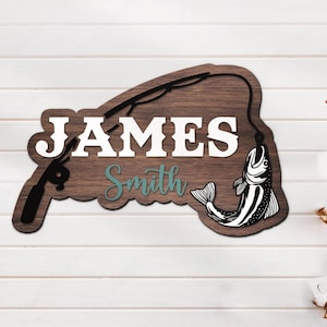 Custom Trout Fishing Fish Pole Wood Nursery Name Sign Personalized Fisher Name Wooden Door Sign Decor Baby Shower Boy Girl Birthday Gift