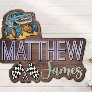 Letrero de madera personalizado con nombre de camión monstruo para guardería, bandera a cuadros de carreras de conductor de camión personalizado, decoración de pared para baby shower, regalo de cumpleaños para niño y niña