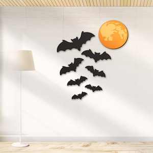 Set of 7 Wooden Flock Flying Bat Halloween Moon Wall Art Unique Home Sign Vampire Bats Decor Wood Farmhouse Decoration Housewarming Gift
