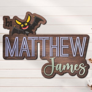 Custom Cute Bat Hi Halloween Wood Nursery Name Sign Personalized Wooden Kid Room Crib Decor Baby Shower Boy Farmhouse Sign Birthday Gift