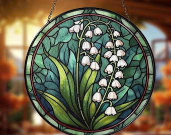 Maiglöckchen Blume Glasmalerei Suncatcher Fensterbehang Dekor, neues Haus Dekor, Blumenliebhaber, Geschenk für Mama, Maiglöckchen Ornament