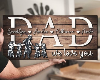 Custom Motocross Biker Dad Kid Son Daughter Name Wood Sign Personalized Father Day Grandpa Dirt Bike Rider Dirtbike Gift Home Wooden Decor