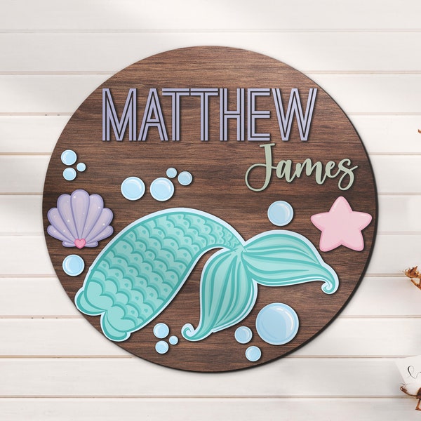 Custom Mermaid Under The Sea Kid 3D Wood Nursery Name Sign Personalized Large Wooden Above Crib Decor Baby Shower Boy Girl Birthday Gift