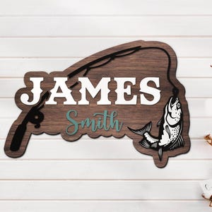 Custom Salmon Fishing Fish Pole Wood Nursery Name Sign Personalized Fisher Name Wooden Door Sign Decor Baby Shower Boy Girl Birthday Gift