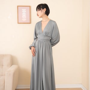 Custom Silk Maxi Dress, Deep V Neck Dress, Long Sleeve Gown, Tailor Made Formal Dress, Satin Bridesmaid Dress, Prom Silk Dress,Evening Dress