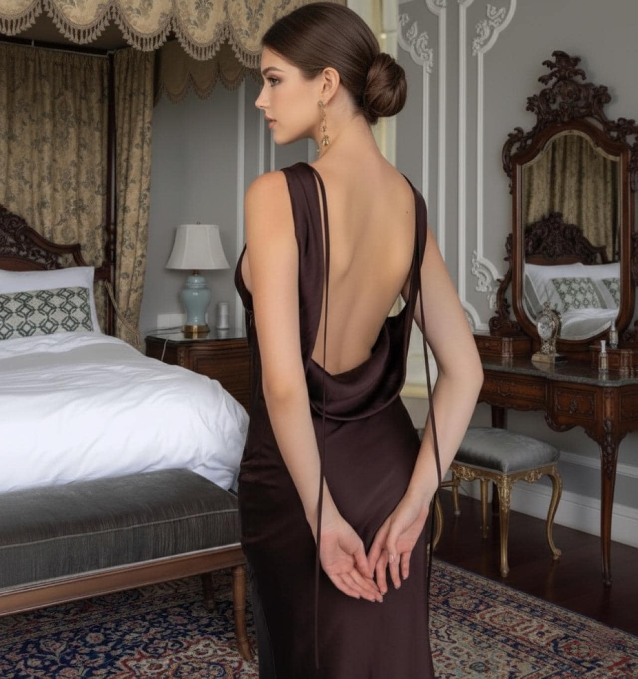 brown satin cowl neck dress Empire-Waist Long Satin Prom Dress with Cowl Neckline Brown / 2XLarge main image 0