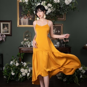 Silk Maxi Dress: Mustard Yellow Spaghetti Strap A-Line High-Low Hem