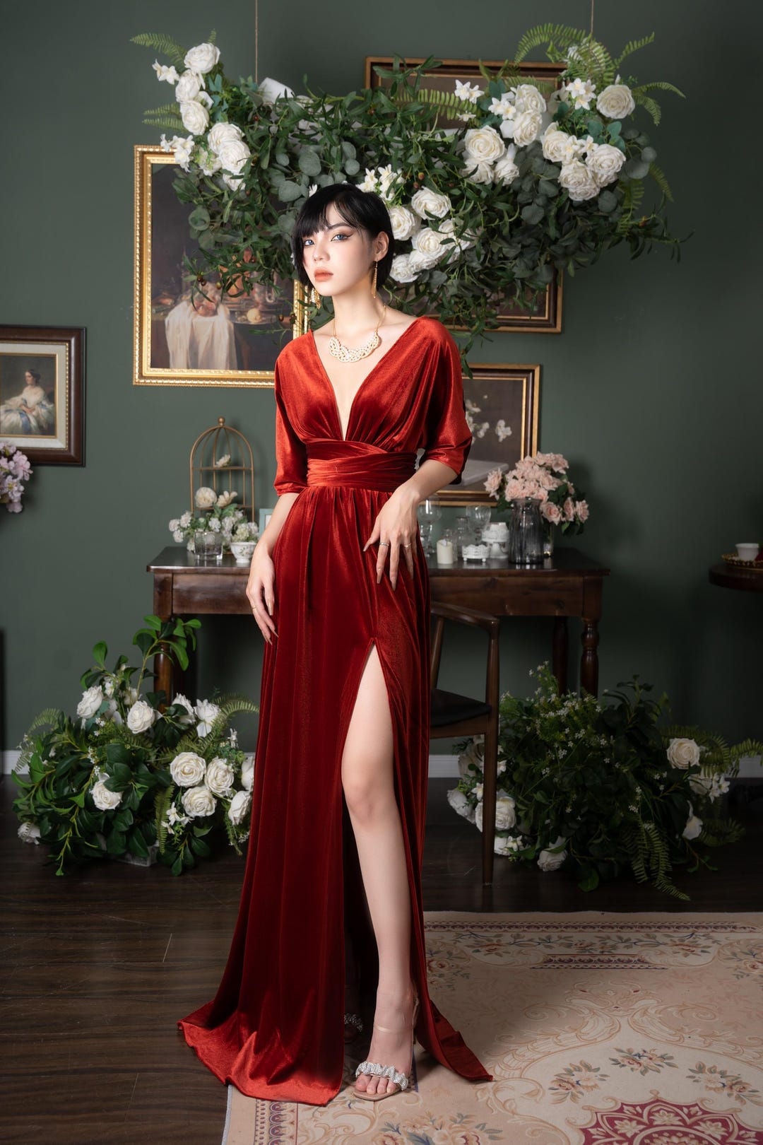 Velvet Evening Gown with Slit: Handmade Burgundy Wrap Dress