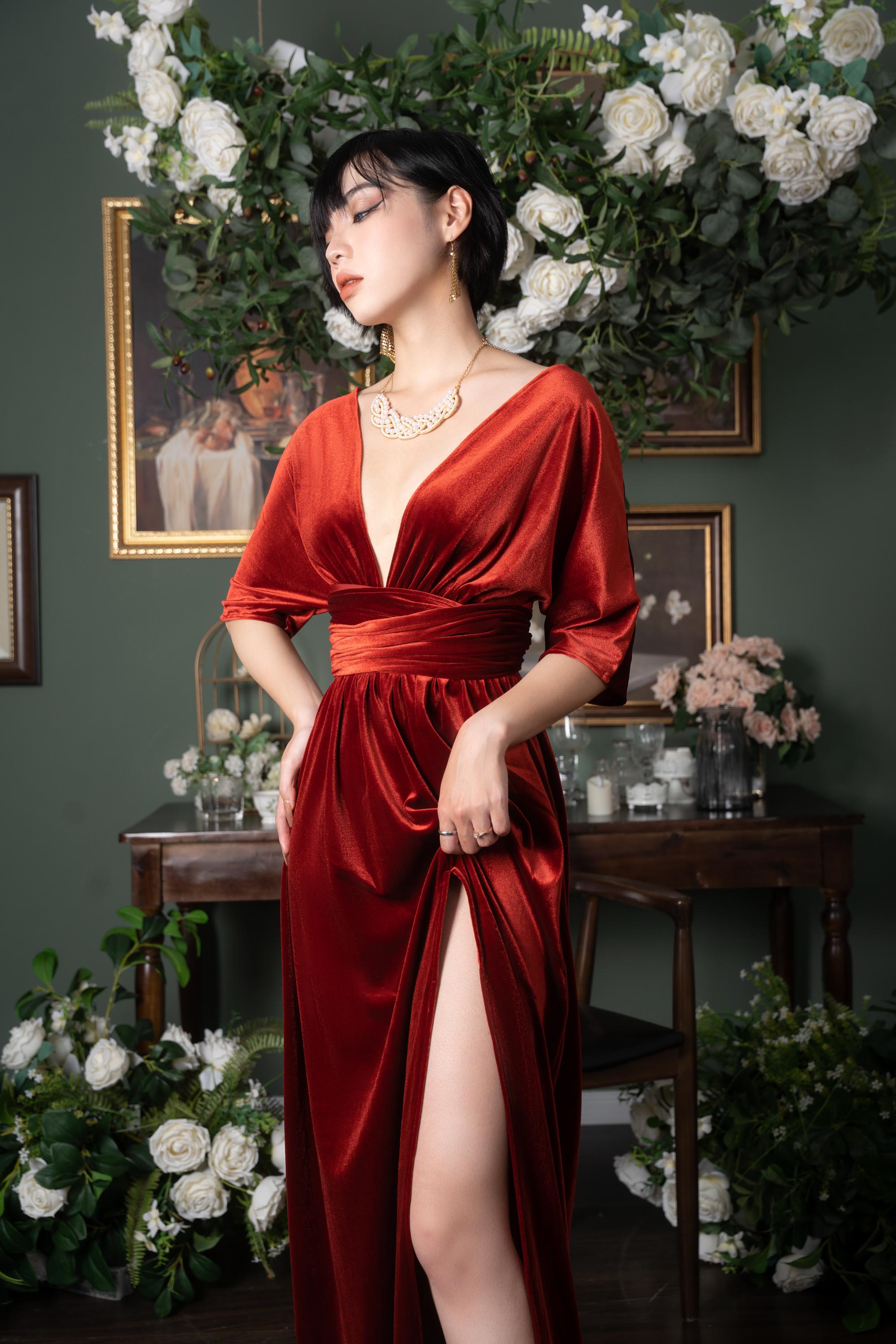 Velvet Evening Gown With Slit: Handmade Burgundy Wrap Dress - Etsy