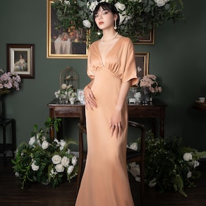 Tailored Silk Evening Gown, Custom Satin Maxi Dress with Kimono Sleeves, V Neck Silk Dress, Wedding Guest Dress, Special Occasion Gown