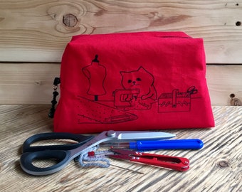 Box pouch, Red zippered box pouch, Large sewing pouch, Small project bag, Denim and cotton 100%, Colored pouch, Travel bag, handmade