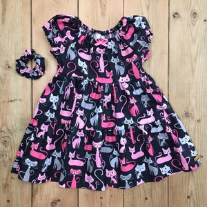 Girls cat dress, Layers ruffle dress, Pink cats design, Boho dress, Short Sleeves, Black dress, 100% cotton, Girls flared dress, Handmade image 1