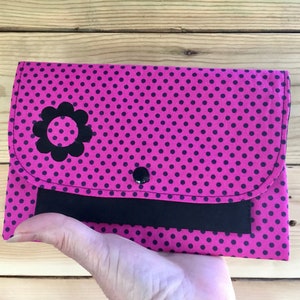 Cartera en tela de algodón, Cartera de acordeón de mujer, 2 secciones, Rosa y Negro, Patrón Lunares, Dinero, Teléfono, Regalo de la Mujer, Hecho a mano