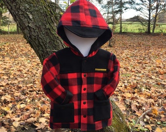 Kids lumberjack jacket, Red buffalo plaid coat, Polar Fleece Boys jacket, Girls jacket, Unisex parka jacket, Polar and cotton coat, Handmade