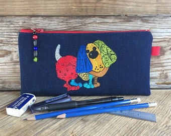 Pencil case, 9 x 4.5 in, Denim zippered case, Dog embroidery, Health book, Colored pencil case, Denim phone case, Reusable pouch, Handmade