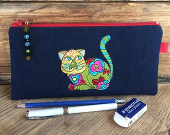 Pencil case, 9 x 4.5 in, Denim zipper case with cat embroidery, Health book, Colored pencil case, Denim phone case, Reusable pouch, Handmade