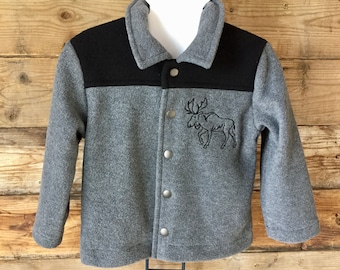 Kids polar jacket, Long sleeves grey shirt with moose embroidery, Boys jacket, Girls jacket, Moose design, Lush polar fleece, Handmade