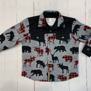 Kids lumberjack shirt, Button up shirt, Boys shirt, Country shirt, Western shirt, Moose, deer, bear pattern, Flannel shirt, Gift, Handmade image 1