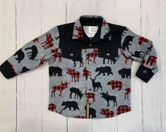 Kids lumberjack shirt, Button up shirt, Boys shirt, Country shirt, Western shirt, Moose, deer, bear pattern, Flannel shirt, Gift, Handmade