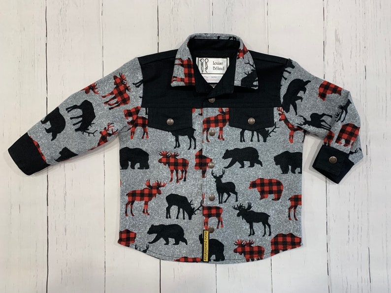 Kids lumberjack shirt, Button up shirt, Boys shirt, Country shirt, Western shirt, Moose, deer, bear pattern, Flannel shirt, Gift, Handmade image 1