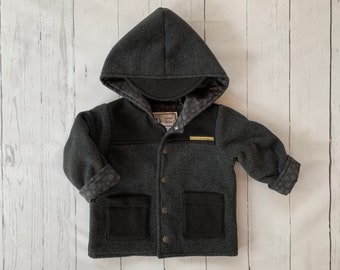 Boys Jacket, Polar Fleece Parka, Dark Grey and Black Polar Fleece, 2 Pockets, Toddler Jacket, Kids Hoodie Jacket, Cotton lining, Handmade