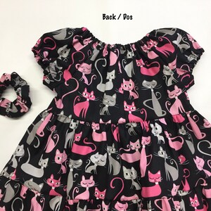 Girls cat dress, Layers ruffle dress, Pink cats design, Boho dress, Short Sleeves, Black dress, 100% cotton, Girls flared dress, Handmade image 4