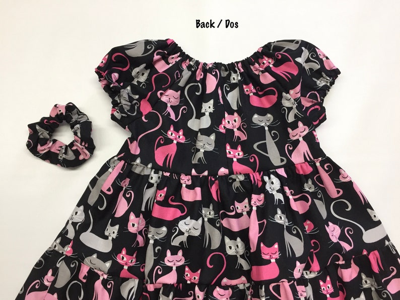 Girls cat dress, Layers ruffle dress, Pink cats design, Boho dress, Short Sleeves, Black dress, 100% cotton, Girls flared dress, Handmade image 4