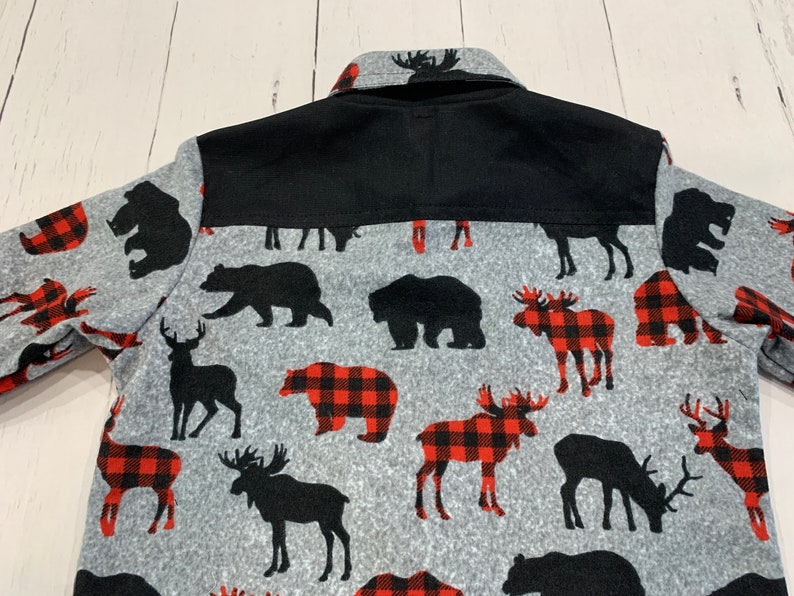 Kids lumberjack shirt, Button up shirt, Boys shirt, Country shirt, Western shirt, Moose, deer, bear pattern, Flannel shirt, Gift, Handmade image 3