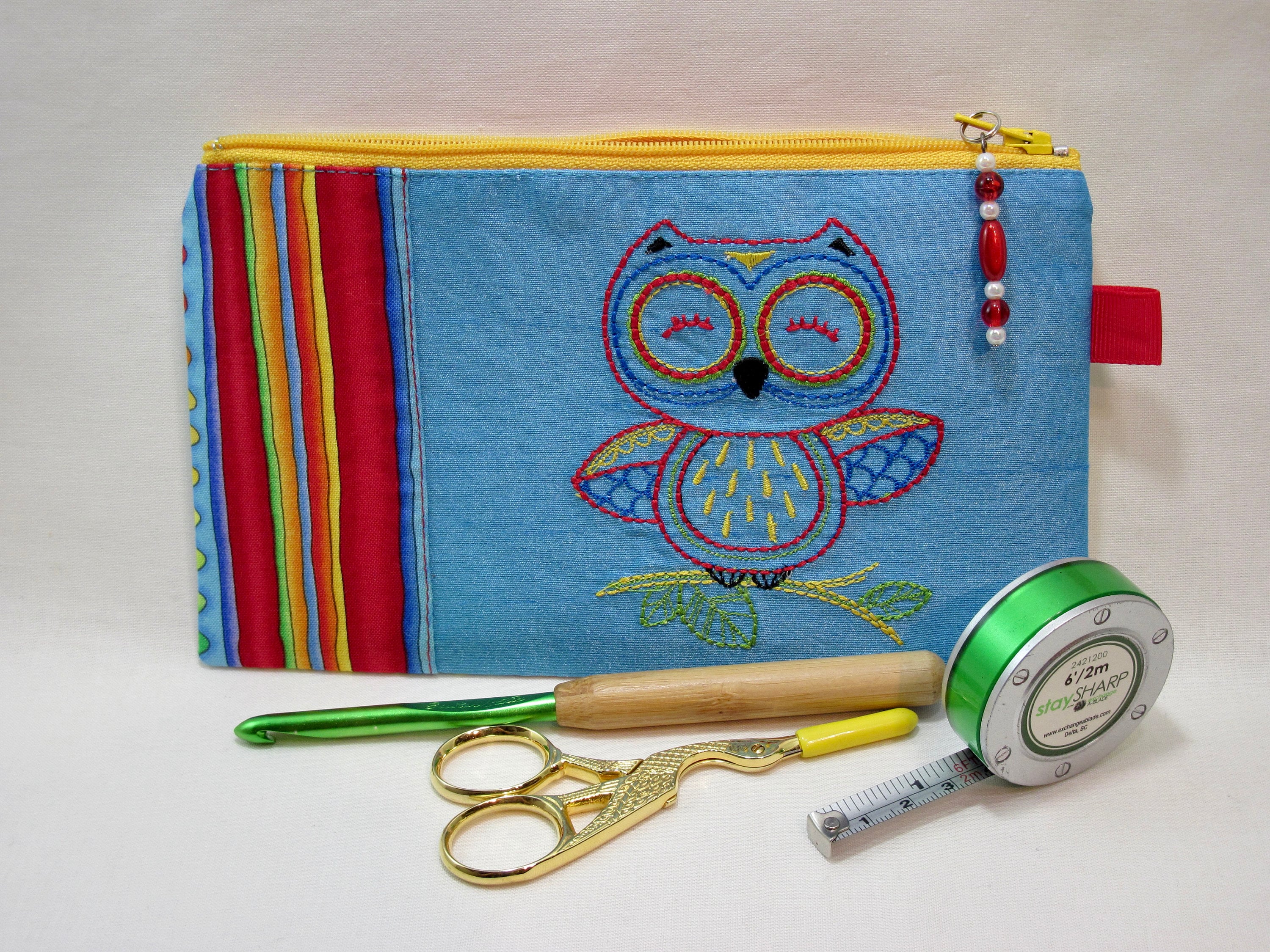 Handmade Cotton Zipper Pouch, Owl Embroidery, Mask Bag