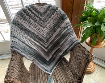 Crochet shawl, Acrylic crochet scarf with tassels, Large wrap shawl, Silver, Grey gradient, Lightweight, Gifts, Handmade, Ready to ship