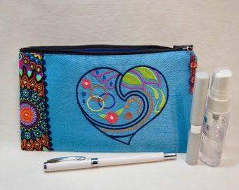 Small zipper pouch, 4.5 x 7.5 in, Pouch with Heart embroidery, Mask bag, Glasses case, Passports case, Makeup bag, Reusable pouch, handmade