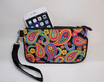 Phone zipper pouch, Cellphone case, Wristlet phone pouch with Keychains, Women's cellphone case, Very colorful floral paisley, Handmade