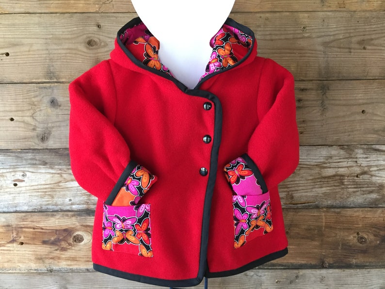Girls red polar jacket with cotton lining Kids polar jacket Kids polar long sleeves coat with pockets and hoodie Girls hoodie Handmade