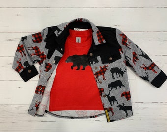 Set, Kids lumberjack shirt, Shirt with T-shirt set, Button up shirt, Boys shirt, Country shirt, Moose, deer, bear pattern, Flannel, Handmade