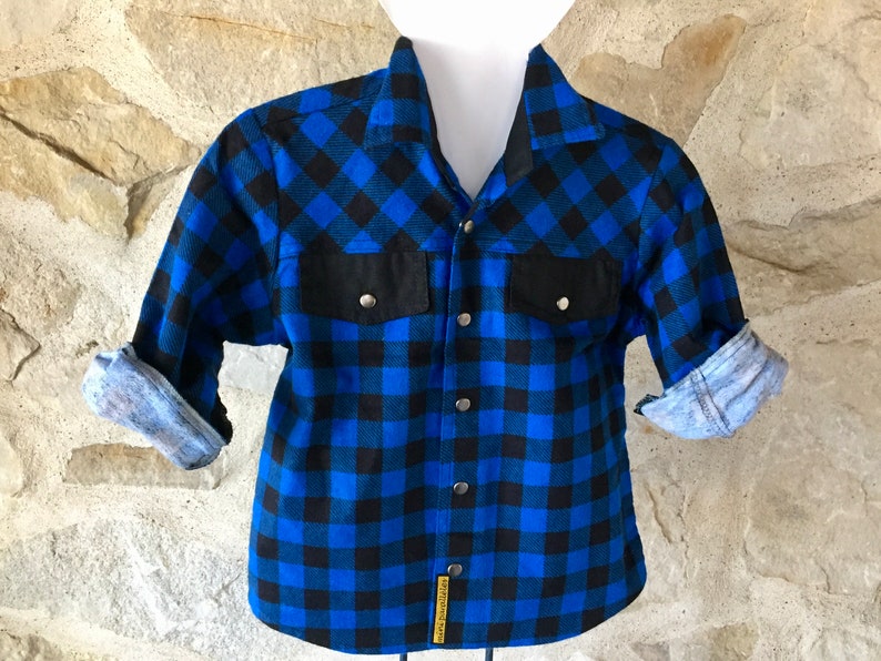 Kids lumberjack shirt, Long sleeves blue buffalo plaid shirt, Boys shirt, Girls shirt, Country shirt, Flannel shirt, Cotton shirt, Handmade image 4