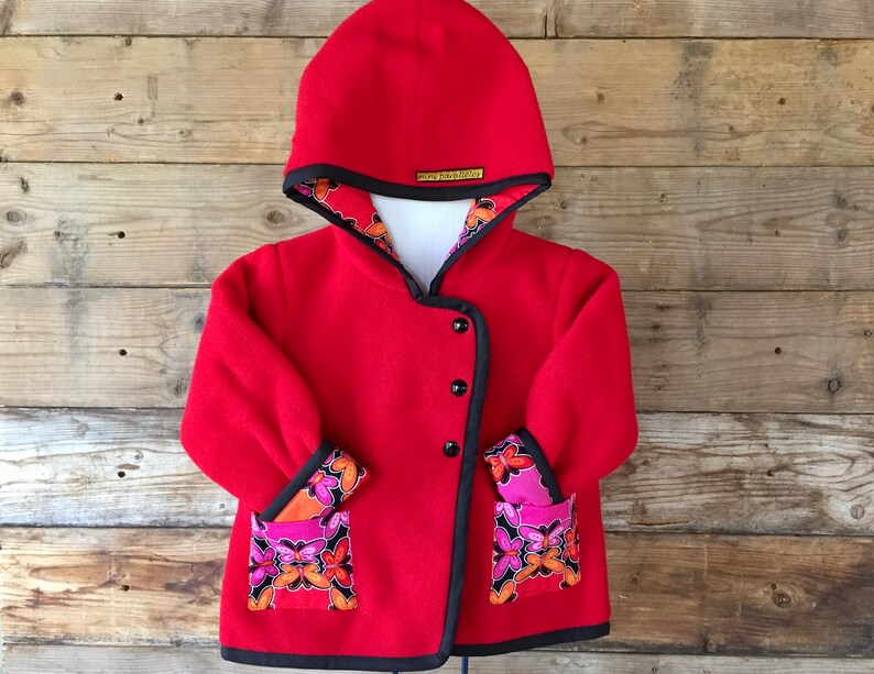 Girls red polar jacket with cotton lining Kids polar jacket Kids polar long sleeves coat with pockets and hoodie Girls hoodie Handmade
