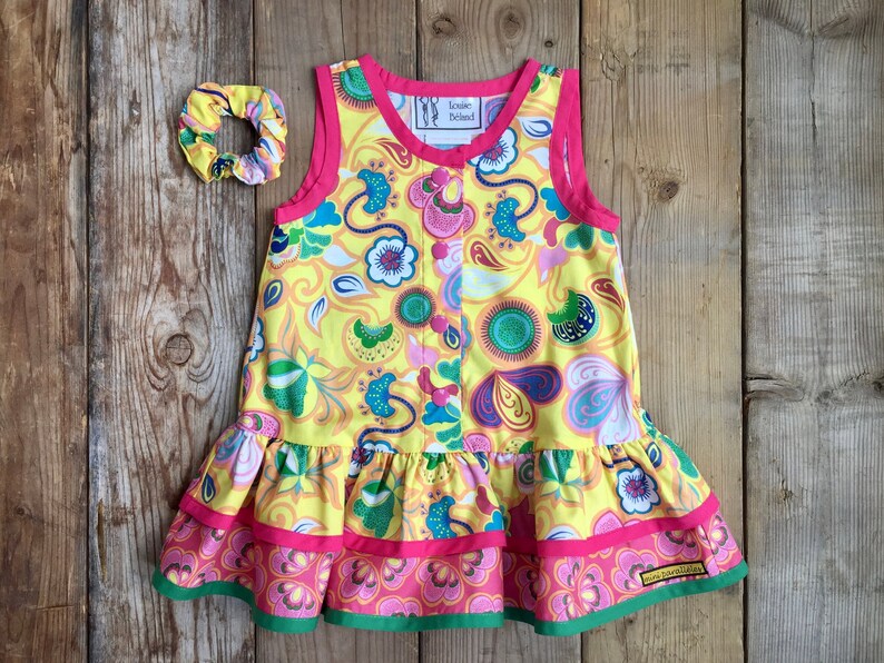 100/% cotton dress for girls Yellow tank dress Girls tank dress with flowers design handmade Yellow and pink sleeveless dress for girls