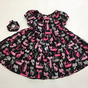 Girls cat dress, Layers ruffle dress, Pink cats design, Boho dress, Short Sleeves, Black dress, 100% cotton, Girls flared dress, Handmade image 3