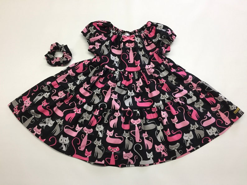 Girls cat dress, Layers ruffle dress, Pink cats design, Boho dress, Short Sleeves, Black dress, 100% cotton, Girls flared dress, Handmade image 3