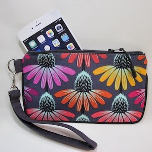 Estuche para teléfono con cremallera, Estuche para teléfono celular, Estuche para teléfono con llavero, Estuche para teléfono celular para mujer, Billetera para teléfono, Patrón de equinácea, Hecho a mano