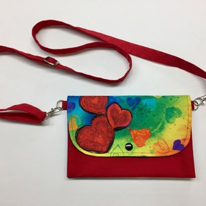 Wallet in cotton fabric, Small Purse, Women's Accordion Wallet, Colorful Heart pattern, Red / Blue, Passport, Money, Gift for her,Handmade