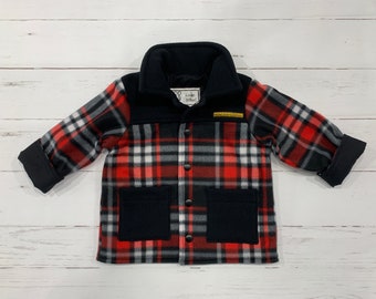 Boys jacket, Plaid polar, Black and Red, Lightweight polar fleece, 2 pockets, Kids, Toddler, Unisex jacket, Black cotton lining, Handmade