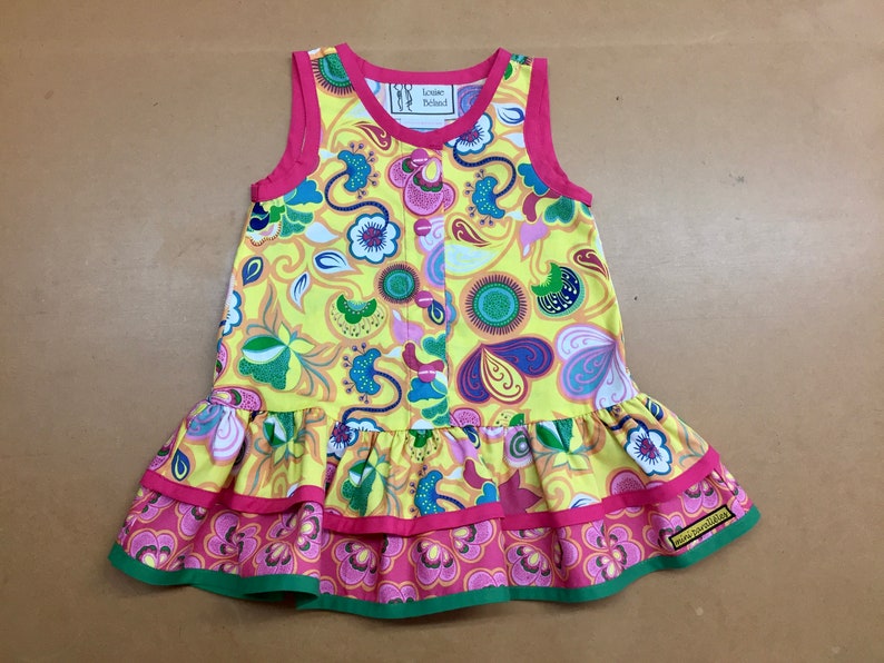 100/% cotton dress for girls Yellow tank dress Girls tank dress with flowers design handmade Yellow and pink sleeveless dress for girls
