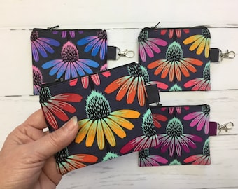 Coin Purse, Small zippered pouch, Pretty Echinacea, Small Wallet, Mini wallet, Women's Wallet, Mask bag, 4 X 5 inches, 100% cotton, Handmade