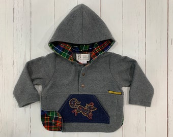 Kids hoodie, Grey Polar Fleece, Hoodie, Red and Blue plaid lining, Boys sweater, Girls sweater, Fox Embroidery, Pocket, Unisex, Handmade