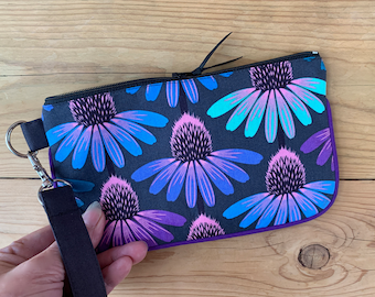 Handmade Echinacea Zipper Pouch, Cellphone Wristlet, Cotton Phone Wallet