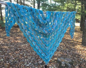 Blue crochet shawl, Acrylic multicolor crochet scarf, Large wrap shawl, Blue, green & grey, Lightweight acrylic, Gradient color, Handmade