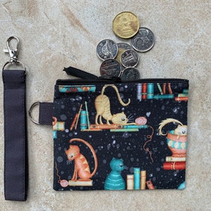 Monedero, Pequeña bolsa con cremallera, Cartera de bolsa de llavero de gatos, Billetera de identificación, Tarjeta de visita, Auricular y bolsa de bálsamo labial, 4in X 5in, Regalo, Hecho a mano